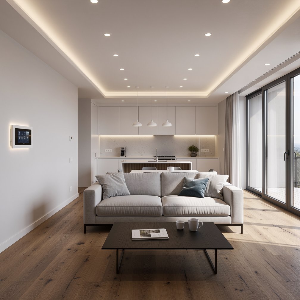 Modern smart home interior showing Loxone lighting and control elements